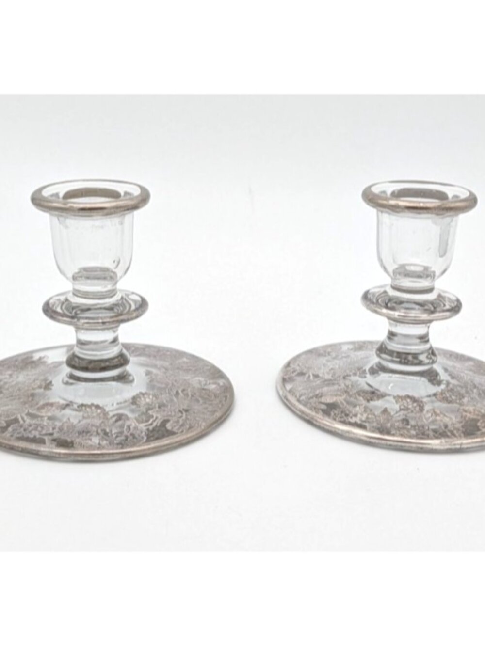 lot of 2 Vintage  single candlesticks holders glass silver floral overlay design